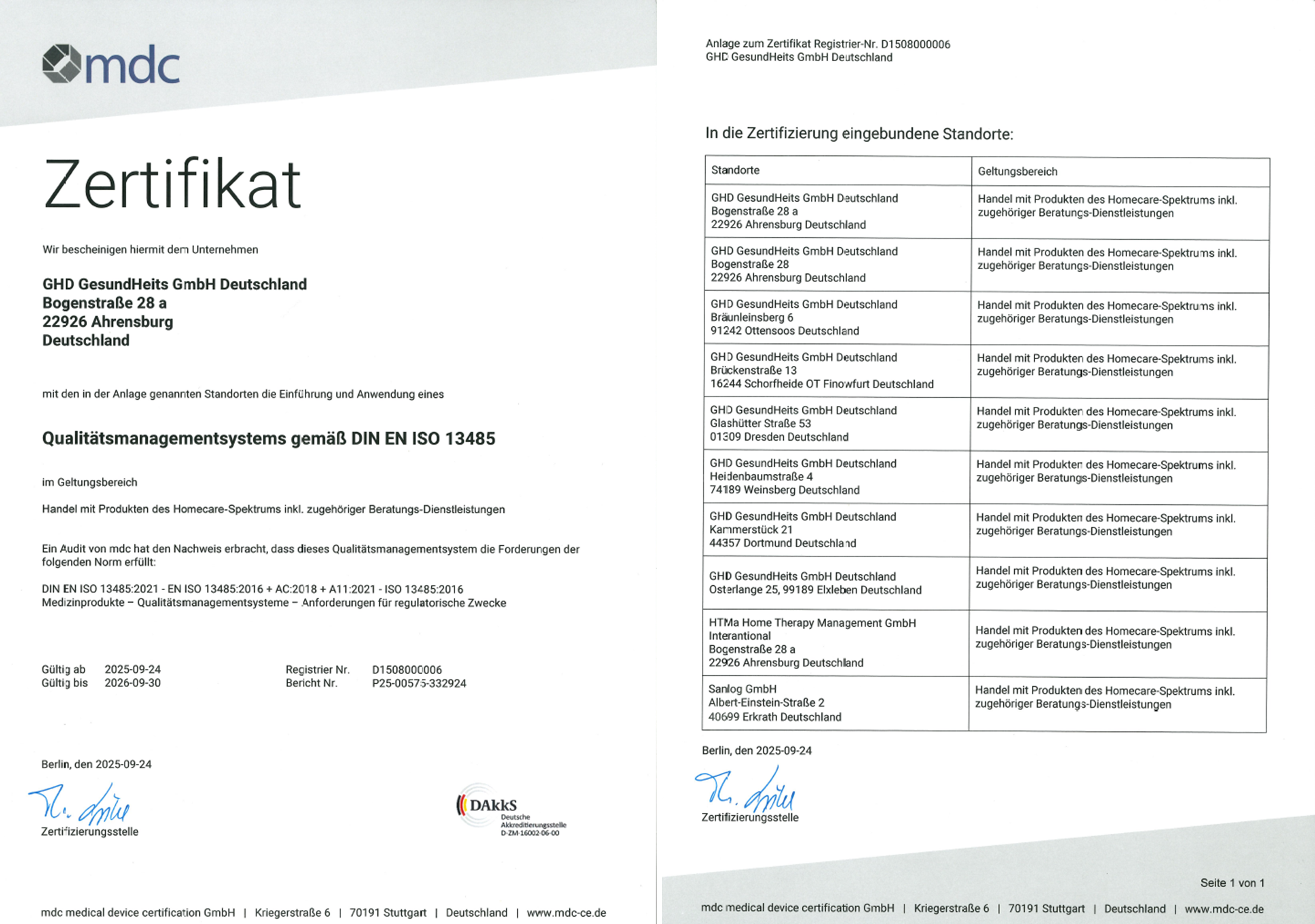 Zertifikat DIN ISO 13485 GHD GesundHeits GmbH Deutschland