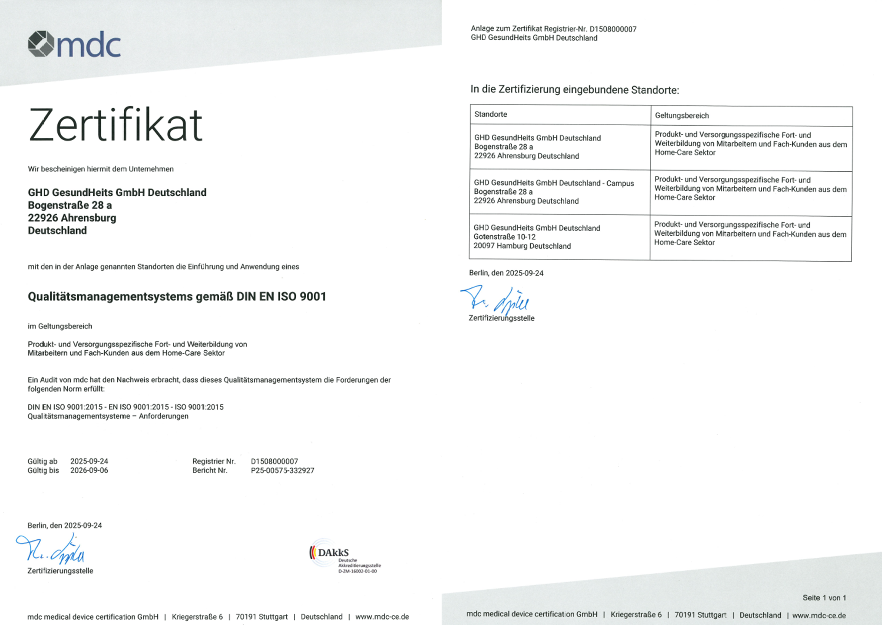 Zertfikat DIN EN ISO 9001 GHD GesundHeits GmbH Deutschland
